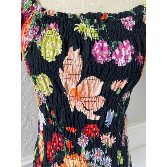 H&M Black Floral Fitted Smocked Mini Off Shoulder Dress - Picture 4 of 9